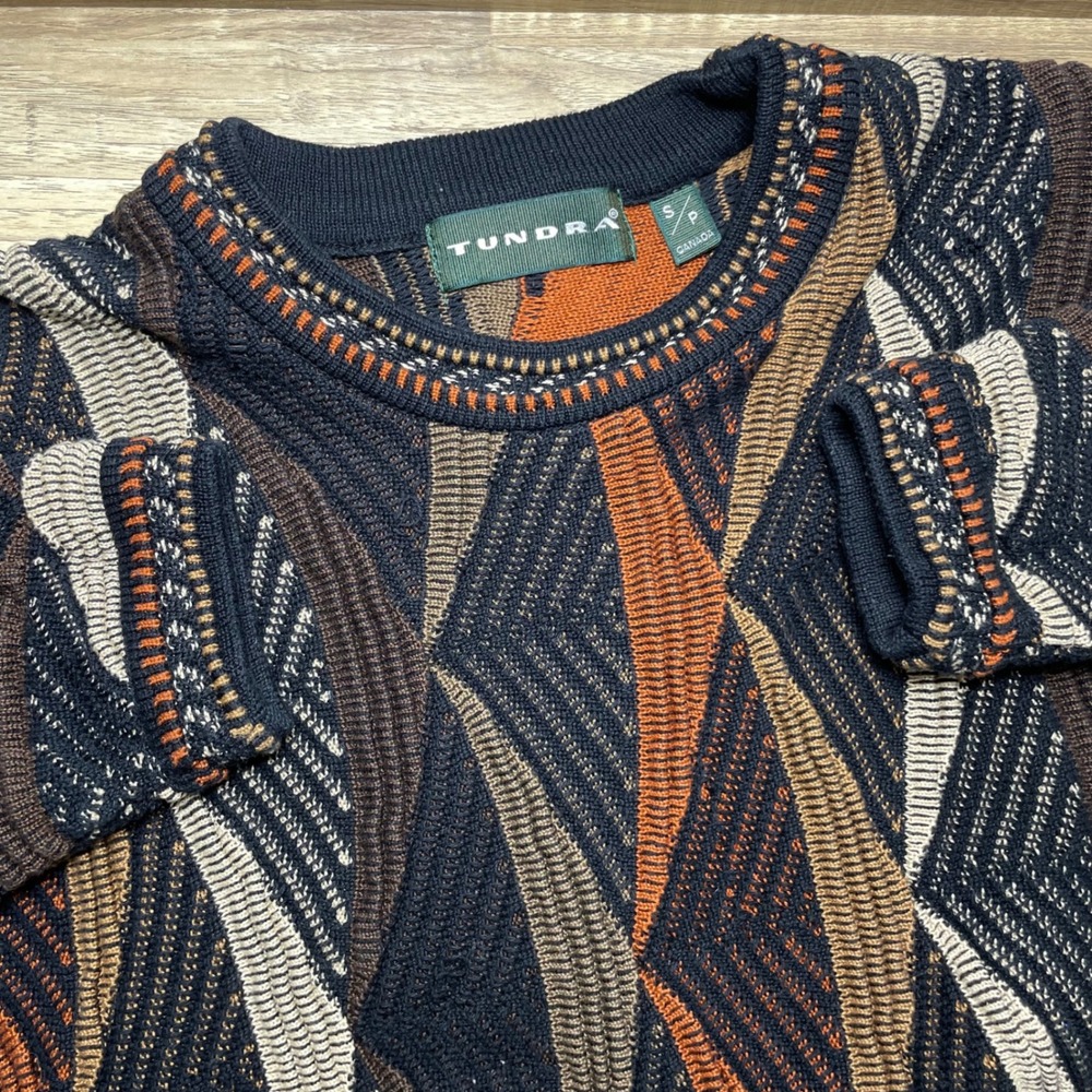 Tundra Canada Mens Small 3D Knit Sweater Mercerized Cotton Geometric Earth Tones